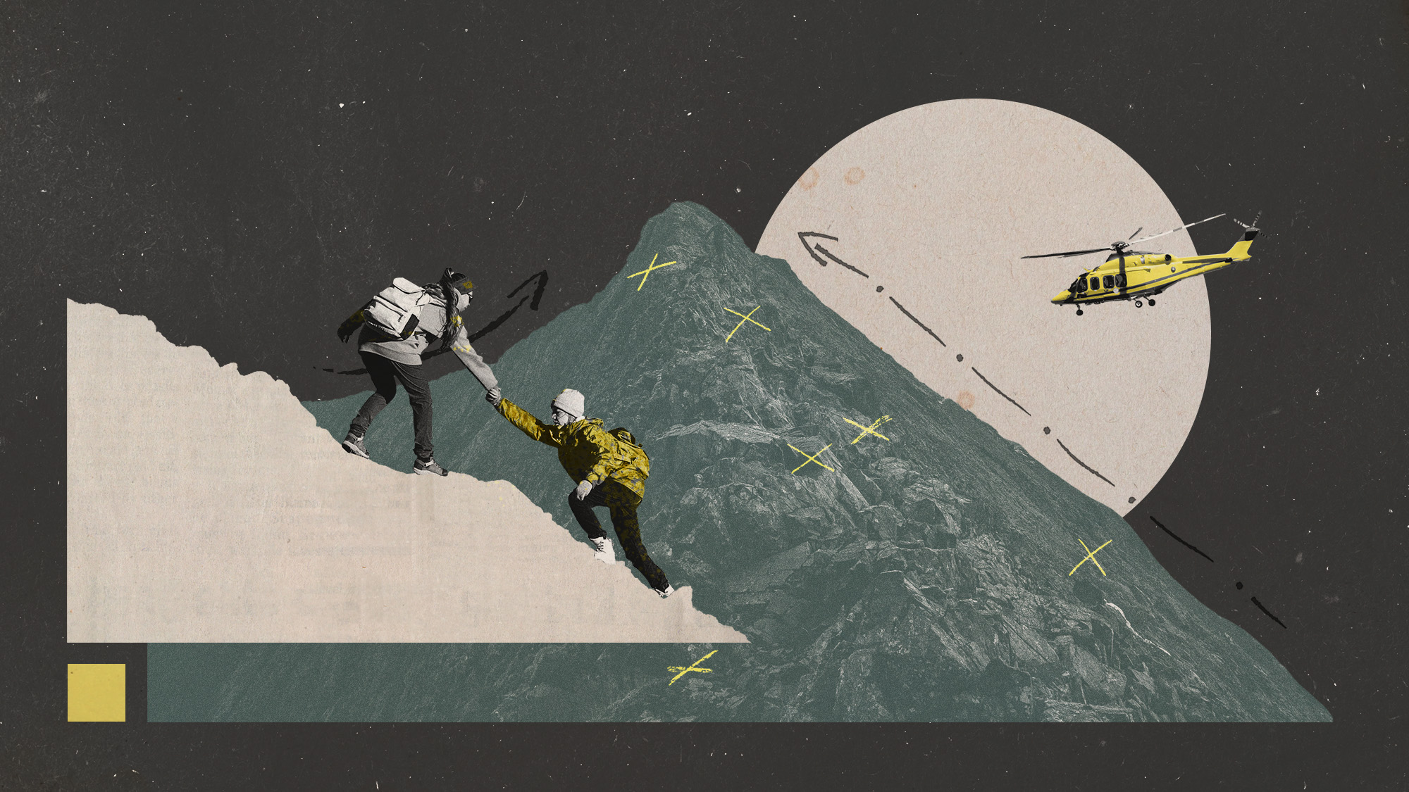 Photo collage of two young women hiking up a steep hill, a view of Crib Goch in Snowdonia, and a rescue helicopter