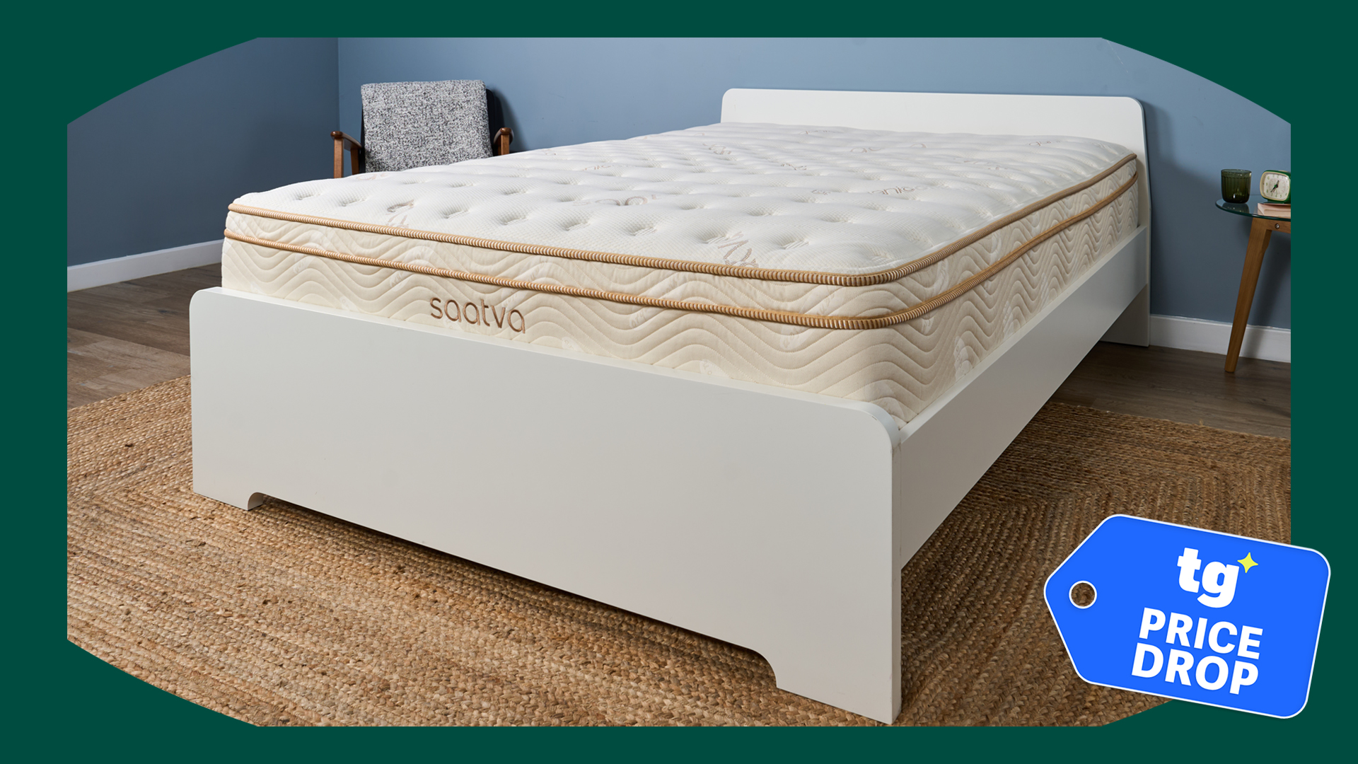 The Saatva Classic mattress in our Sleep Lab with a green border, a Tom's Guide price drop deals badge in the bottom right corner