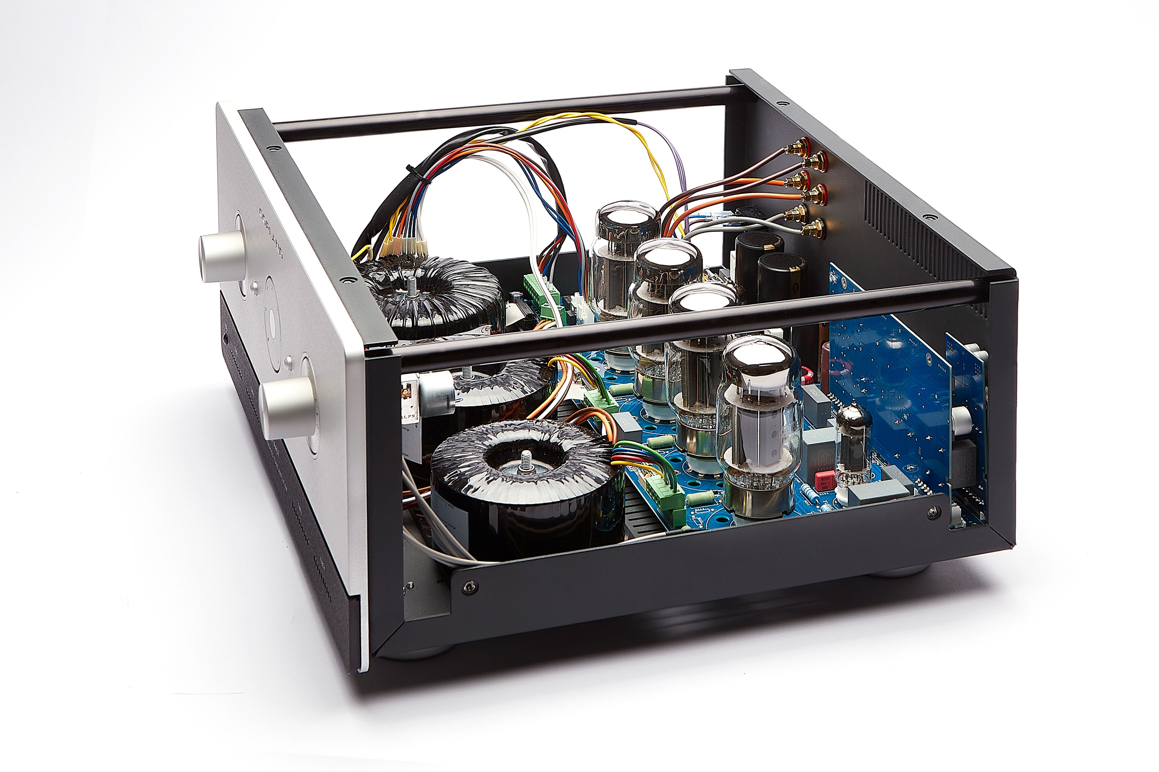 Copland CTA407 amplifier inside cross-section on white background
