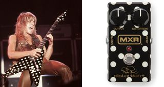 On the left, Randy Rhoads plays his polka dot Sandoval V, while his posthumous signature MXR Distortion+ is on the right