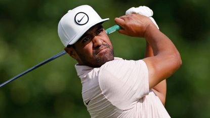 Tony Finau takes a shot in the BMW Championship at Olympia Fields 