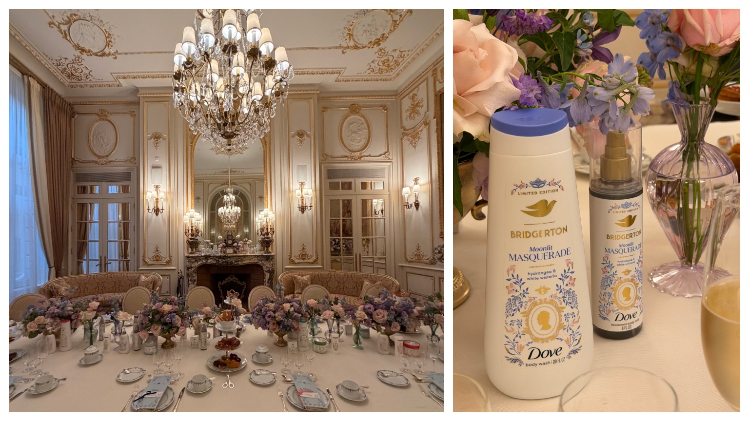 a beautiful room with flowers and Dove body care products