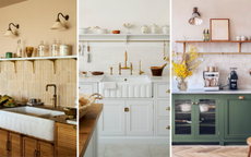 A trio of three images: A kitchen sink with a stacked zellige style backsplash, a white kitchen with a white subway style backsplash, and a kitchen with a backsplash of square zellige tiles