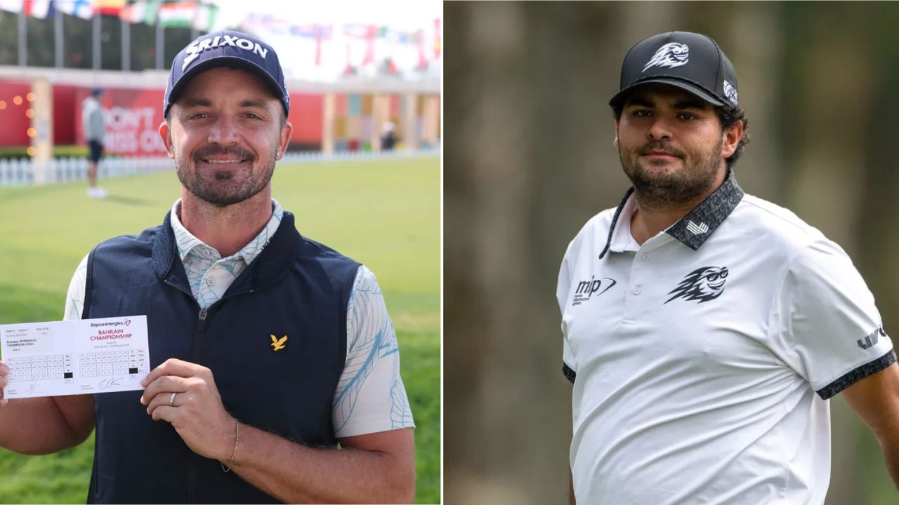 (Left) Brandon Robinson Thompson holds up his 61 card in Bahrain while Eugenio Chacarra looks on during a LIV event (right)