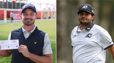 (Left) Brandon Robinson Thompson holds up his 61 card in Bahrain while Eugenio Chacarra looks on during a LIV event (right)