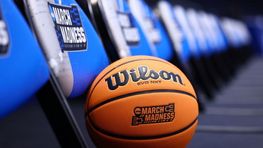 A March Madness 2025 basketball on a chair at University of Dayton Arena