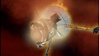 Artist's rendering of NASA's Galileo probe beginning its fiery end as it falls into Jupiter.