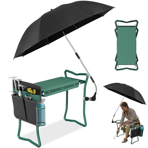Oaoa Innovation 2-In-1 Garden Kneeler With Umbrella, Kneeling Bench &amp;amp; Black Umbrella, Portable Stool 330lb Capacity, Garden Tools Bag With Bottle Holder, Gardening Gift for Men Women Seniors