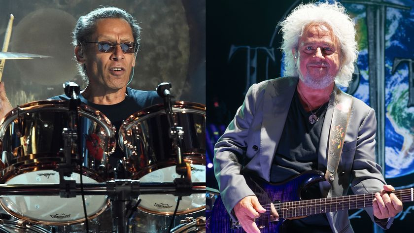 LEFT: Drummer Alex Van Halen of Van Halen performs during the 2015 Billboard Music Awards at MGM Grand Garden Arena on May 17, 2015 in Las Vegas, Nevada. RIGHT: Steve Lukather of Toto performs at Toyota Pavilion at Concord on August 25, 2025 in Concord, California. 