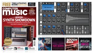 Image of the cover of Computer Music's March issue, showing a selection of softsynth interfaces alongside hardware versions