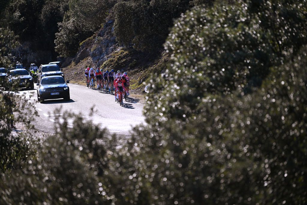BROUZET LES ALES FRANCE FEBRUARY 04 A general view of the breakaway competing during the 53rd Etoile de Besseges Tour Du Gard 2023 Stage 4 a 1475km stage from SaintChristolLzAls to Le Mont Bouquet Brouzet ls Als 616m EDB2021 on February 04 2023 in SaintChristolLzAls France Photo by Luc ClaessenGetty Images