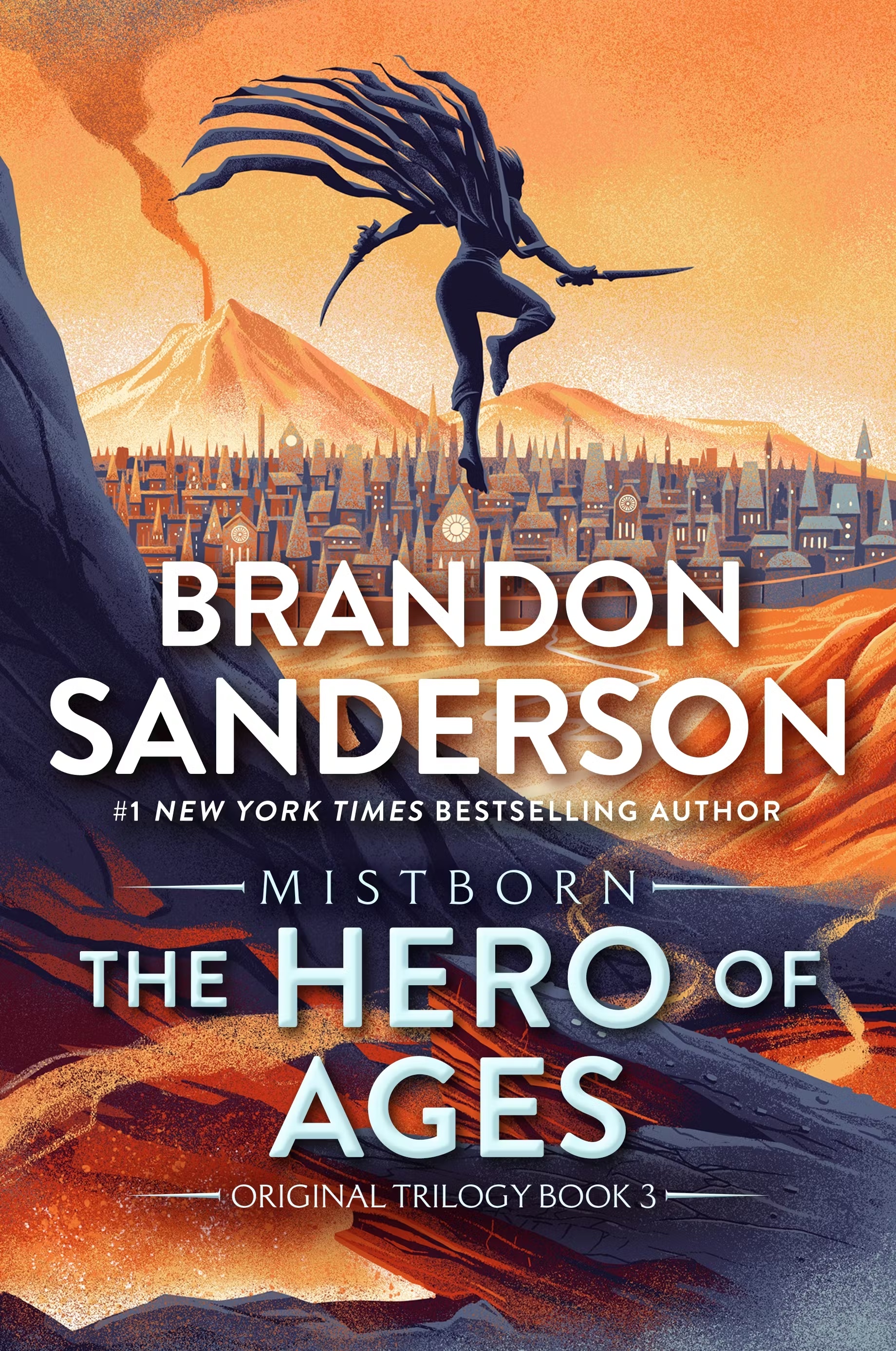 the cover of mistborn hero of ages featuring a warrior jumping in sand dunes towards a city
