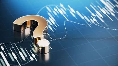 Gold Question Mark Over Financial Bar Graph Background