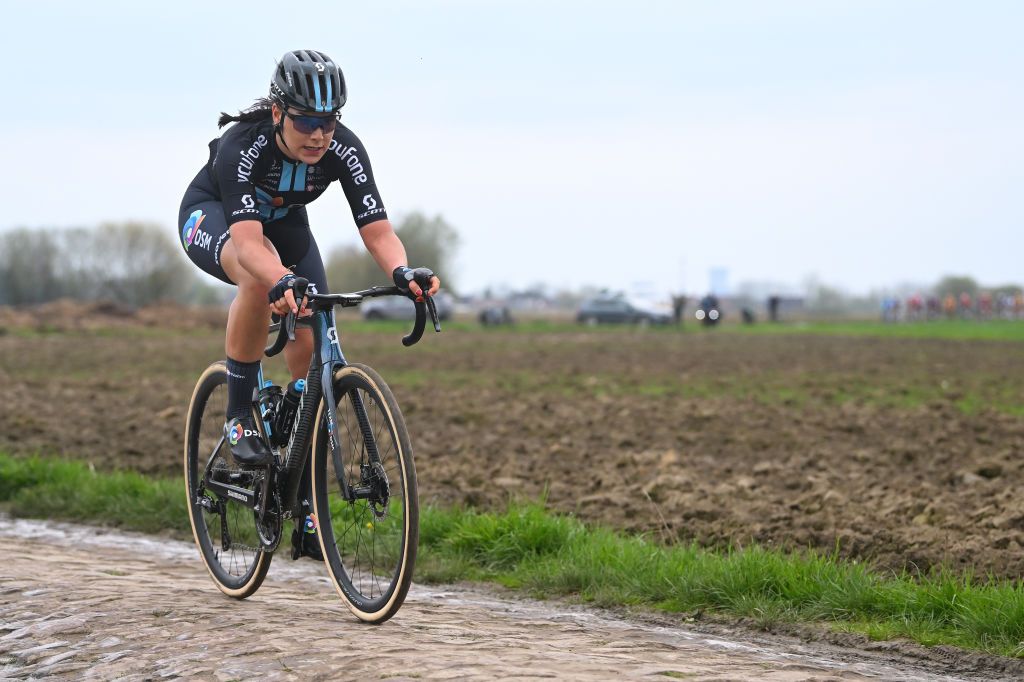 ROUBAIX FRANCE APRIL 08 Daniek Hengeveld of The Netherlands and Team DSM competes in the breakaway during the 3rd ParisRoubaix Femmes 2023 a 1454km one day race from Denain to Roubaix UCIWWT on April 08 2023 in Roubaix France Photo by Luc ClaessenGetty Images