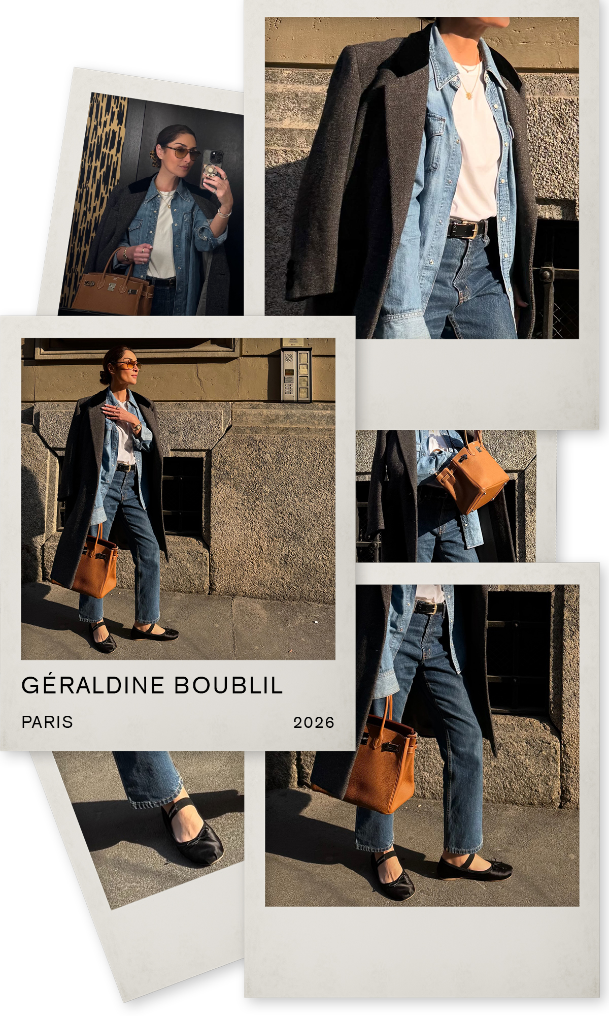 jeans outfits in stylish cities: Ge&amp;#769;raldine Boublil wears a denim shirt, white tee, jeans, and a grey long coat
