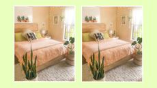 @mylilbohospace small boho bedroom with peach sheets and plants and white curtains