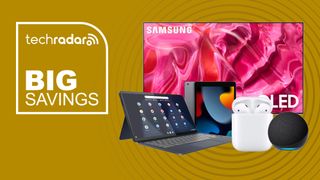 Samsung TV, Lenovo Chromebook, AirPods, iPad and Echo Dot on a yellow background