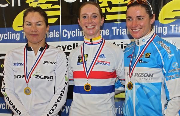 The women&sup1;s podium Julia Shaw (drag2zero.com), Wendy Houvenaghel (Bike Chain Ricci), Sarah Storey (Horizon Fitness RT)