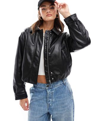 Asos Design Clean Leather Look Bomber Jacket in Black