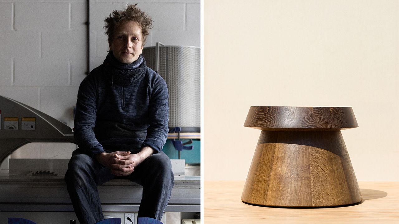 Common Design founder Conor Hacon, and a piece from his new ‘Hazlenut Collection’