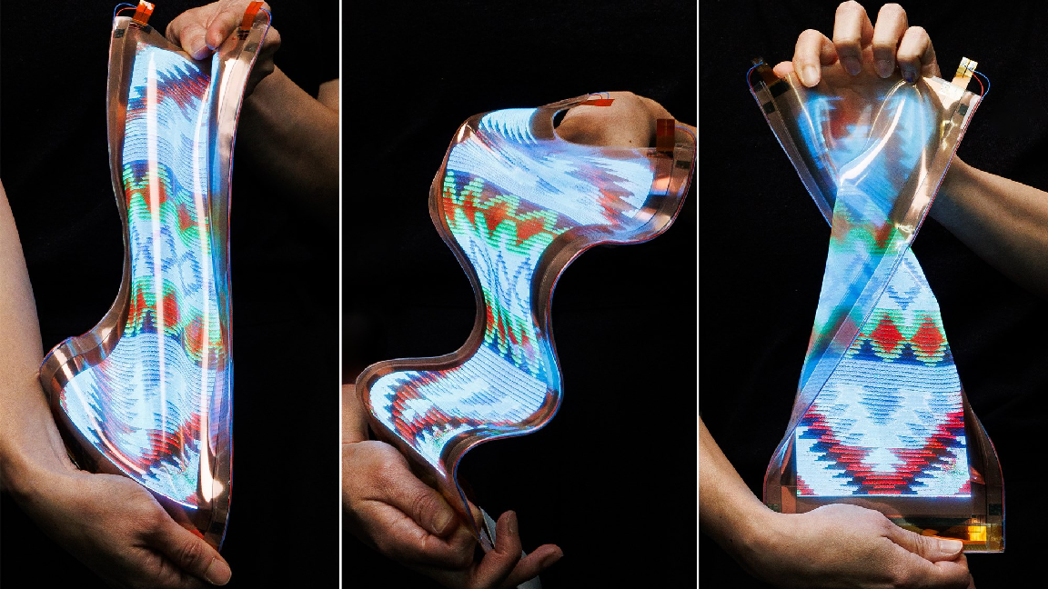 LG Display demonstrates the pliability of their stretchable display prototype. In three images side by side, the prototype is stretched, contracted, and twisted.