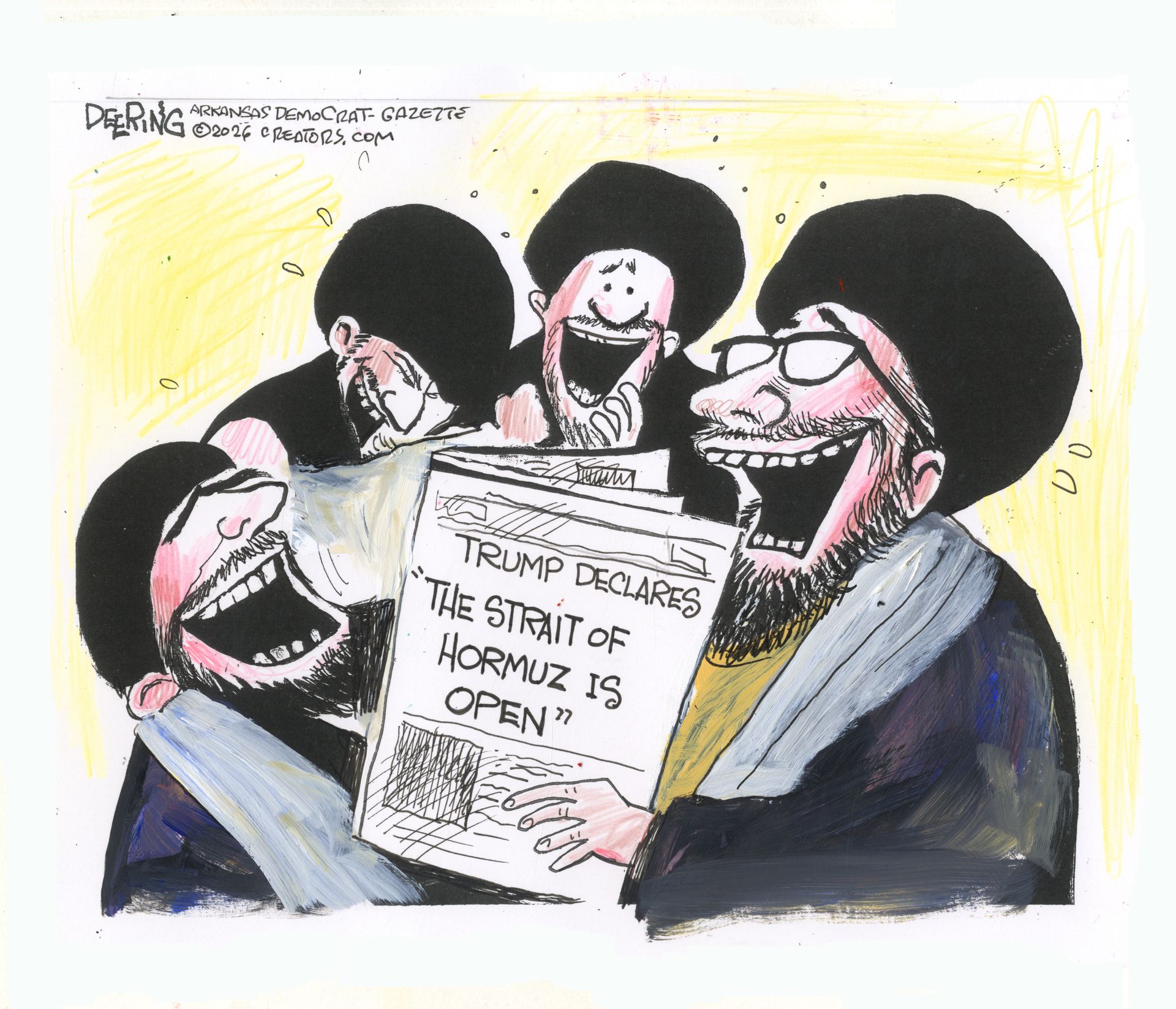
                                A group of four Iranian men in religious headdresses are laughing uproariously as they read a newspaper with the headline, Trump Declares: “the Strait of Hormuz is Open.”
                            