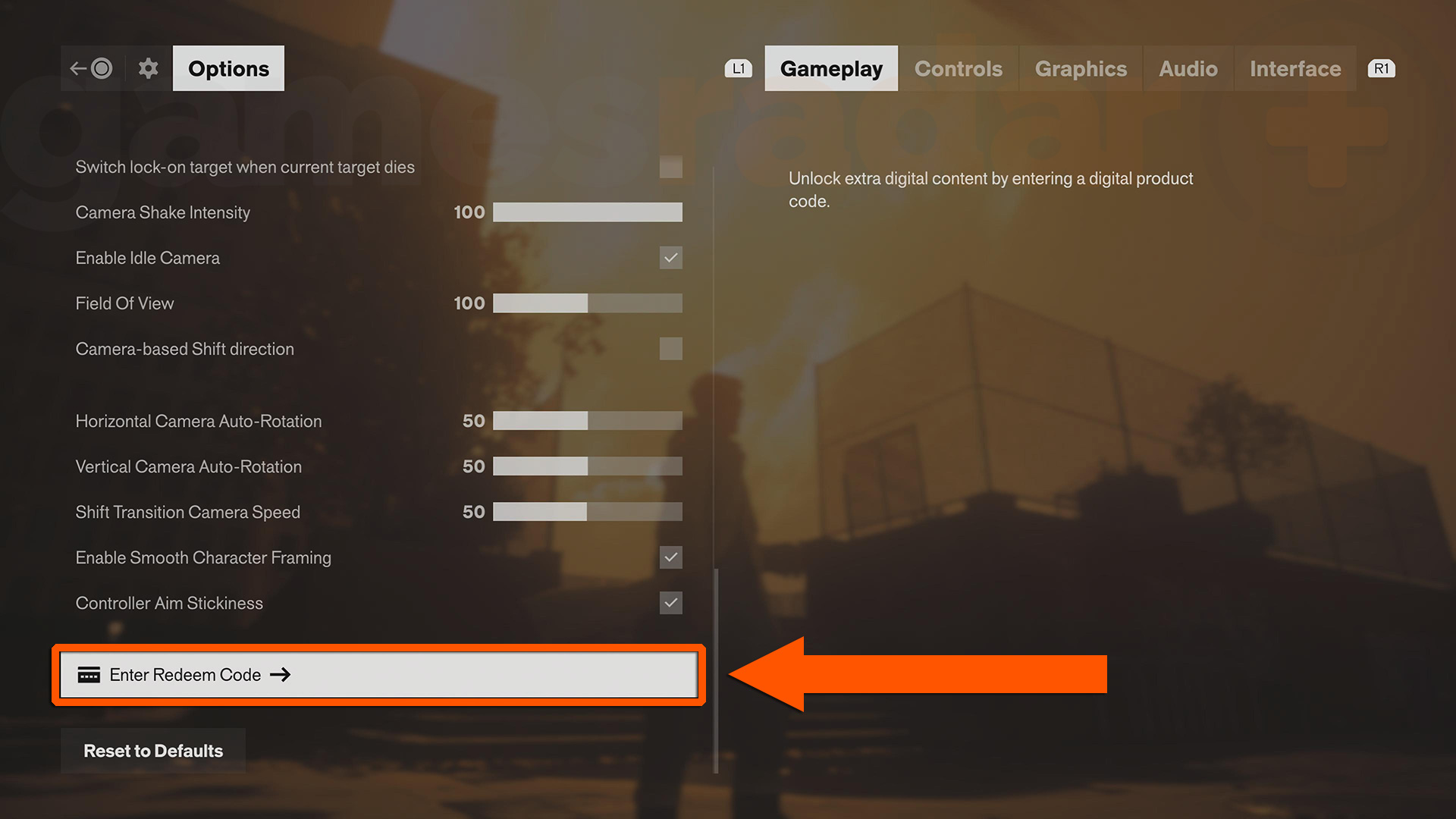 An orange arrow showing how to access the menu option to redeem Control Resonant codes