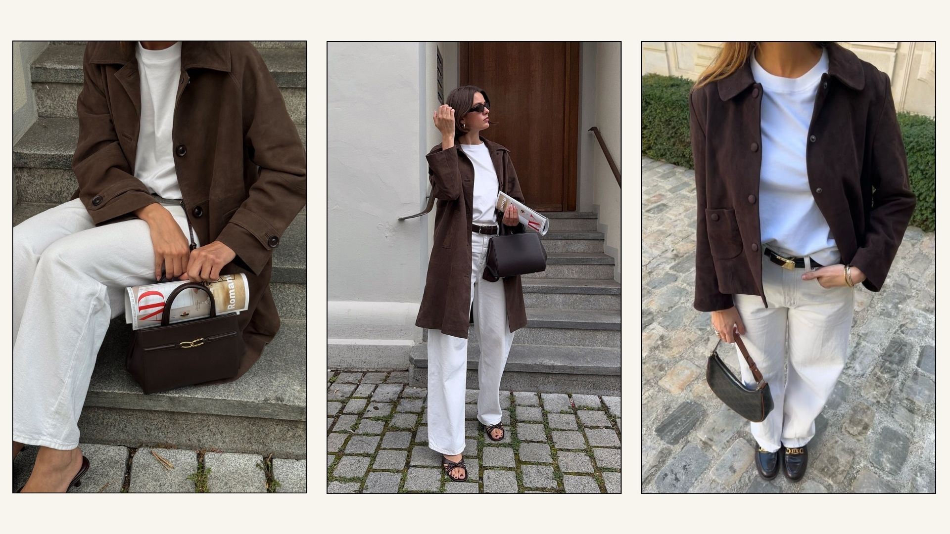 Influencers @maryljean, @clemdelacreeme wear white jeans with brown jackets and brown shoes.