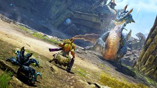 A battlefield where a golden armored hunter and their small octopus companion prepare to battle a giant blue crocodile-like monster pulsing with electricity.