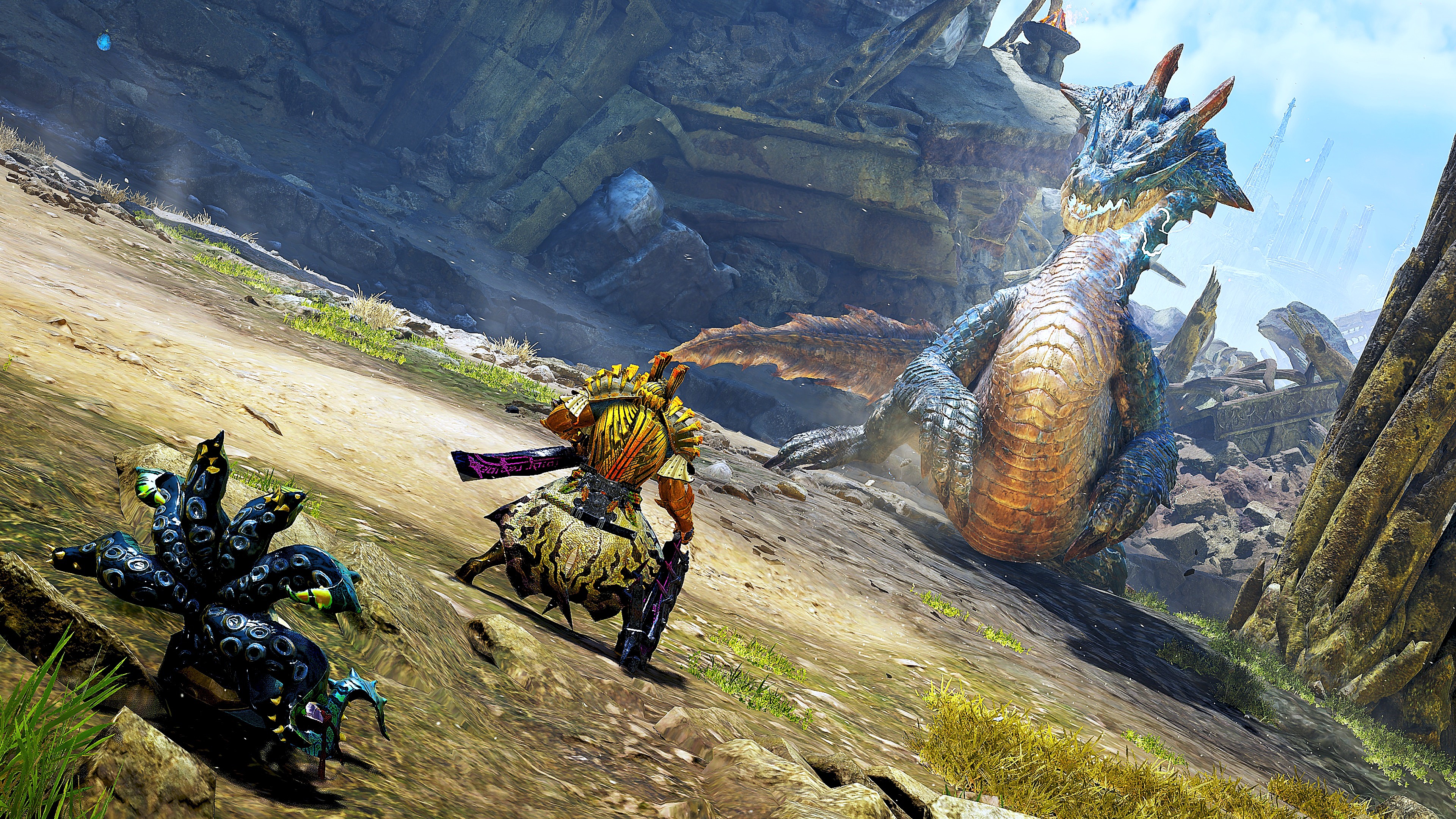 A battlefield where a golden armored hunter and their small octopus companion prepare to battle a giant blue crocodile-like monster pulsing with electricity.
