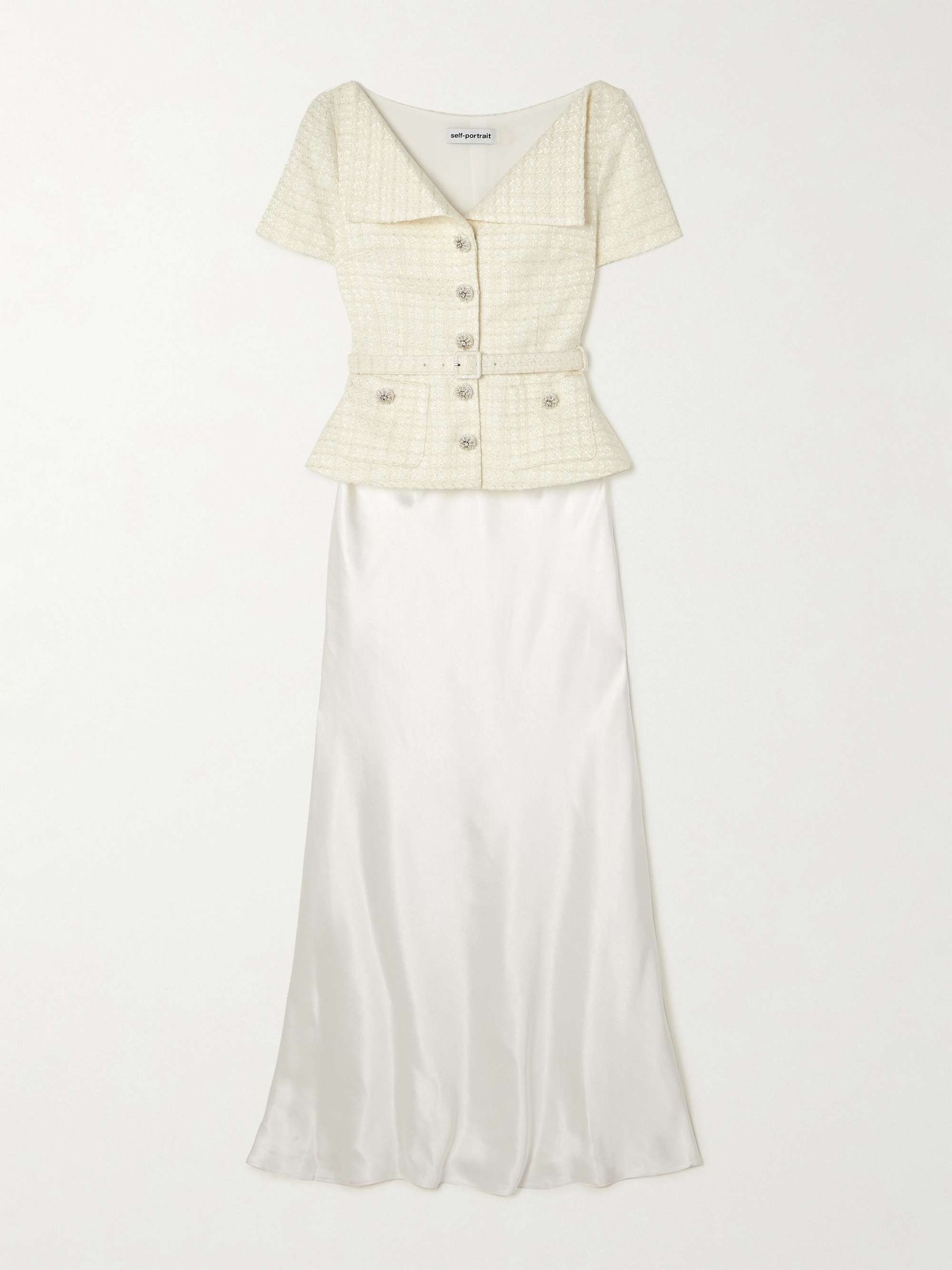 Belted Embellished Bouclé and Satin Maxi Dress