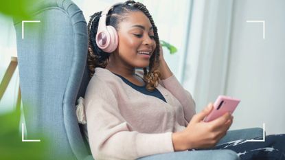 woman wearing headphones listening to podcast