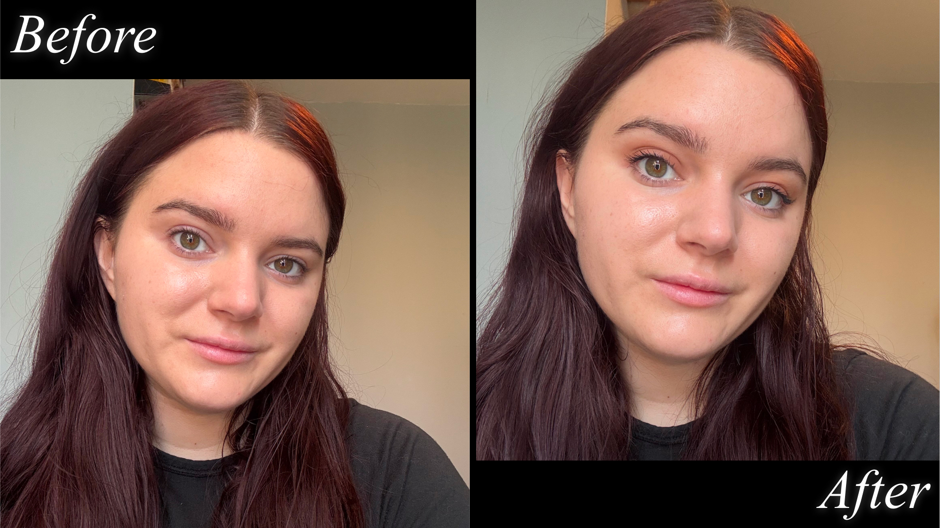 Split image of Brooke Knappenberger testing Merit Beauty Clean Lash with before and after text on black background