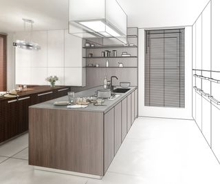 mock up of kitchen design with half drawing and half photo