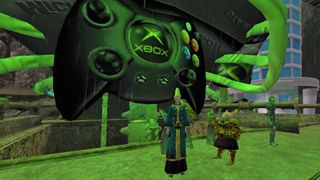 Morrowind protag standing in front of giant floating xbox controller
