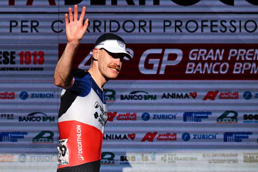 LEGNANO, ITALY - OCTOBER 06: Dorian Godon of France and Team Decathlon AG2R La Mondiale celebrates at podium as race winner during the 106th Coppa Bernocchi 2025 a 191.6km one day race from Legnano to Legnano on October 06, 2025 in Legnano, Italy. (Photo by Dario Belingheri/Getty Images)