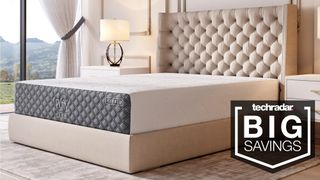 The Puffy Lux Mattress in a bedroom with a badge overlaid saying 'BIG SAVINGS'