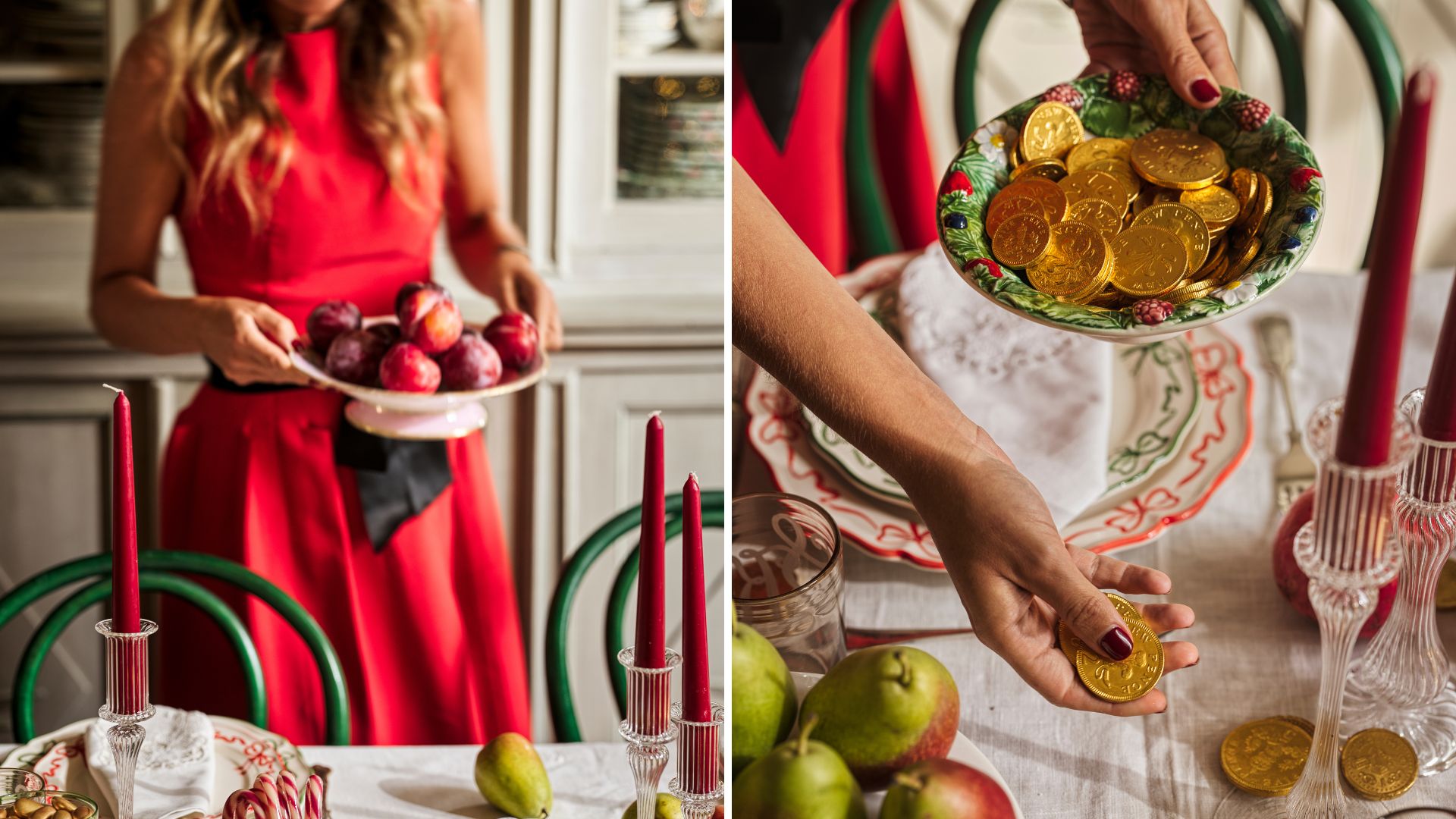 lady in red dress holding a bowl of plums (left); hand scattering gold coins on a table (right)