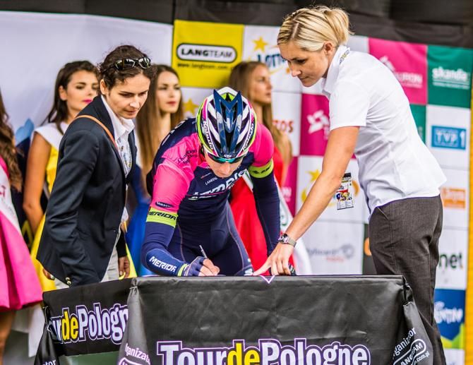 Lampre-Merida riders signing in to the start of stage 5