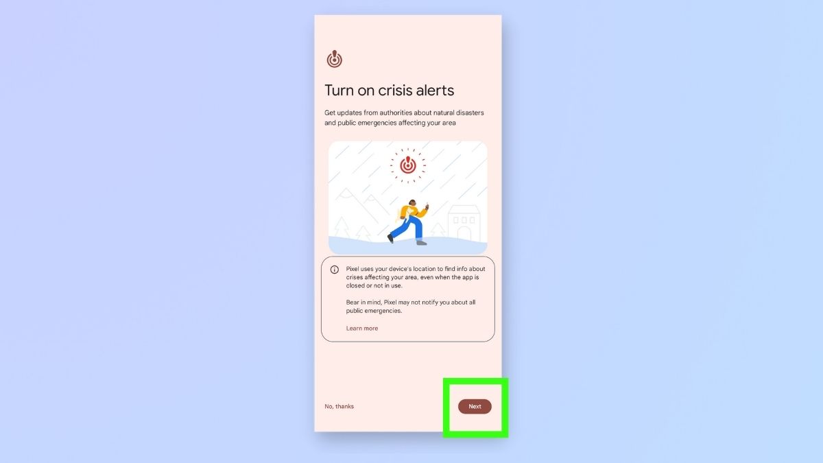 Снимок экрана, на котором показаны действия по включению оповещений о кризисных ситуациях на телефоне Google Pixel: выберите «Оповещения о кризисных ситуациях».
