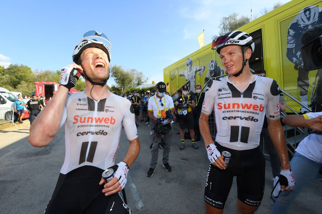 CHAMPAGNOLE FRANCE SEPTEMBER 18 Arrival Soren Kragh Andersen of Denmark and Team Sunweb Nikias Arndt of Germany and Team Sunweb Celebration Refreshment during 107th Tour de France 2020 Stage 19 a 1665km stage from Bourg en Bresse to Champagnole 547m TDF2020 LeTour on September 18 2020 in Champagnole France Photo by Stephan Mantey PoolGetty Images