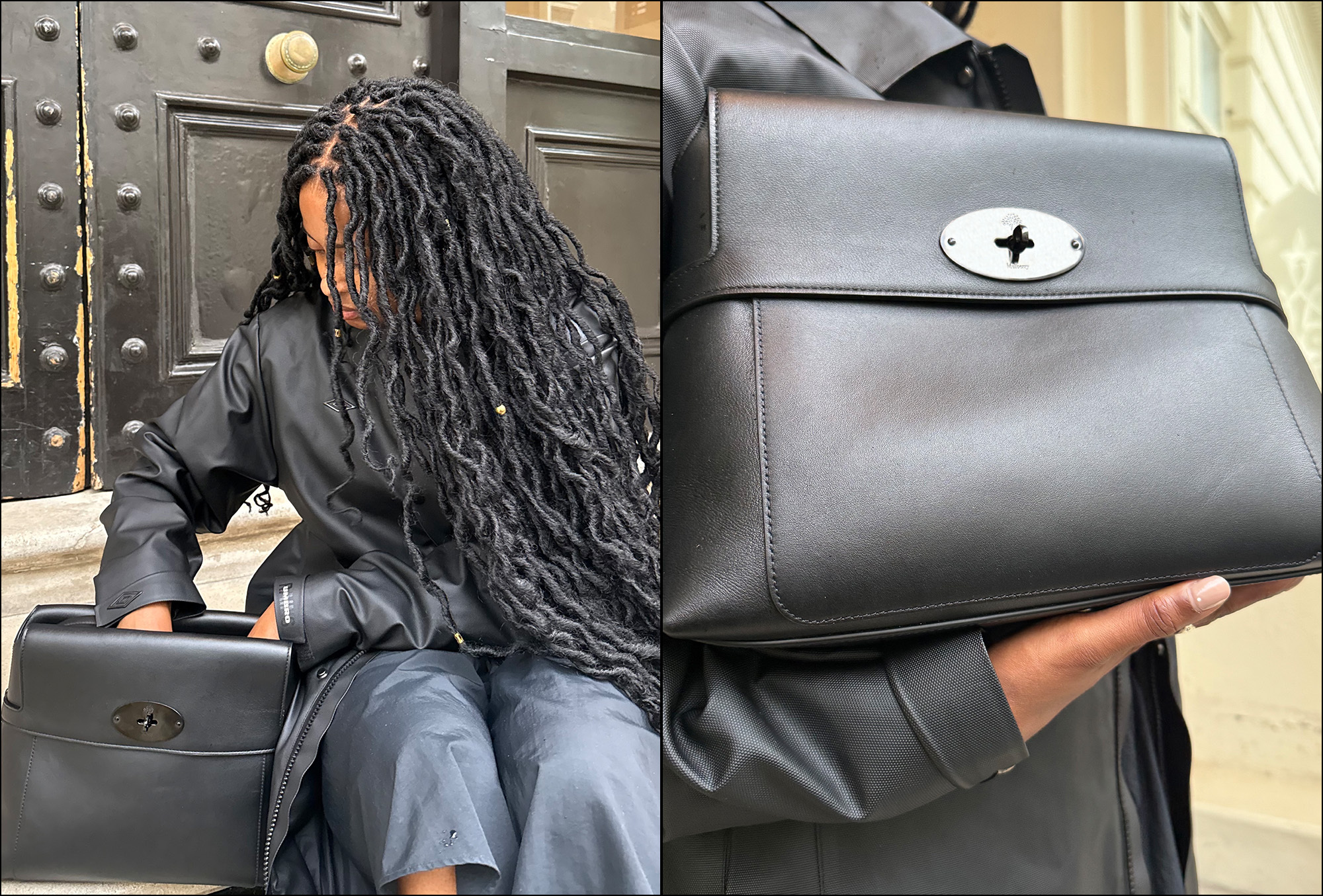 A fashion editor styles the Stevie Top Handle in Black Supple Smooth Leather