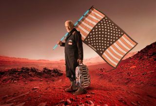 Buzz Aldrin and solar backpack