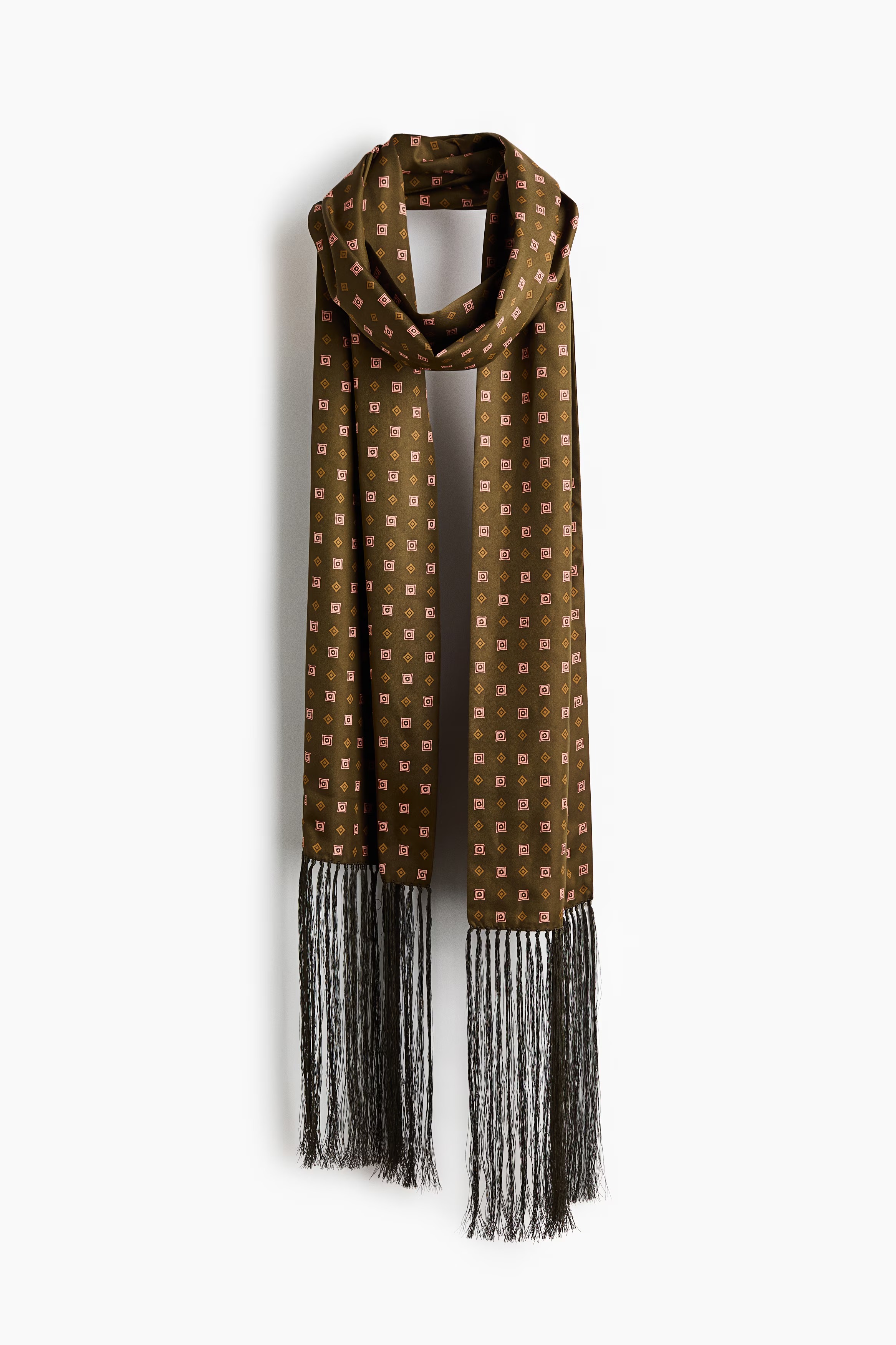 Scarf With Fringe - Olive Green/patterned