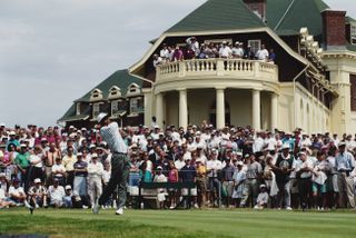 Tiger Woods plays a shot at the 1995 US Amateur Championship at Newport Country Club