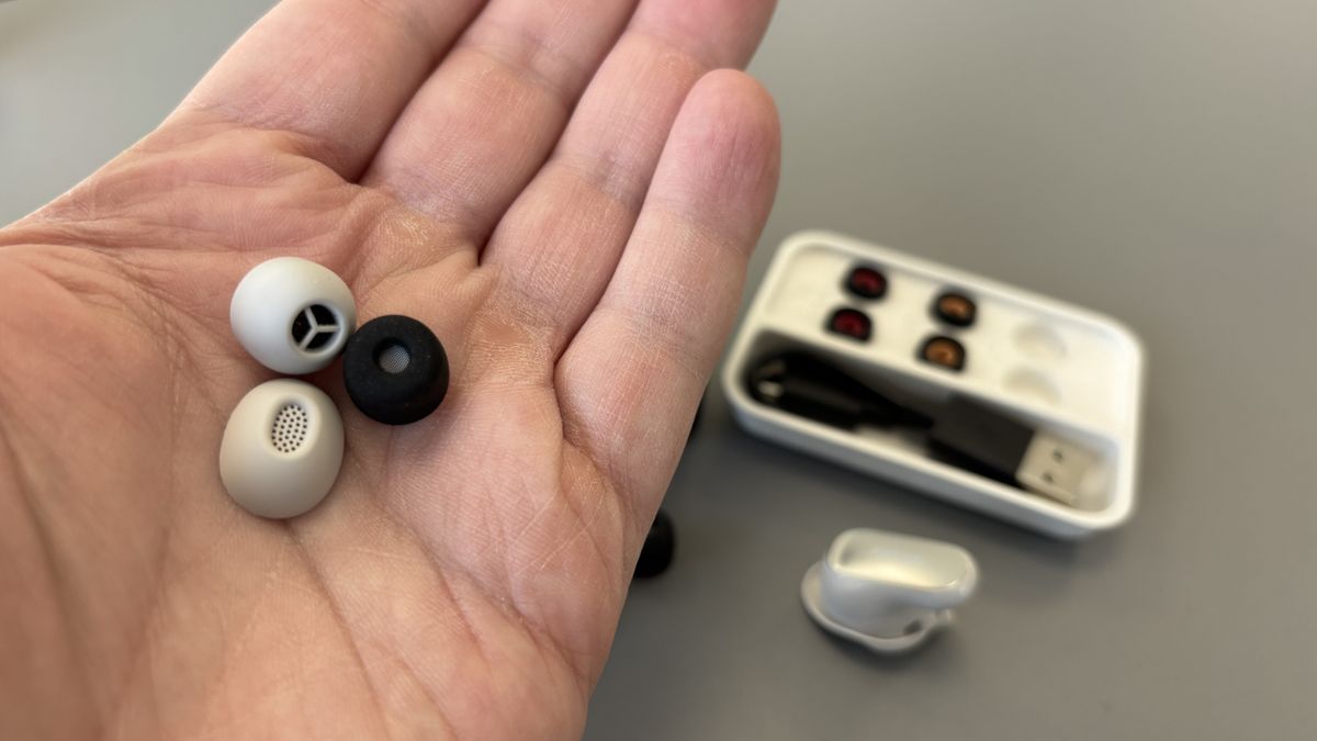 Sony WF-1000XM6 eartips being held in hand with Bose and Technics eartips
