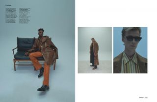 Jibriil Ollow in brown leather coat by Sofie Middernacht and Maarten Alexander