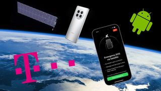 The T-Mobile logo, a SpaceX satellite, Huawei Mate 50 Pro, Android logo, and iPhone 14 pictured in space above Earth