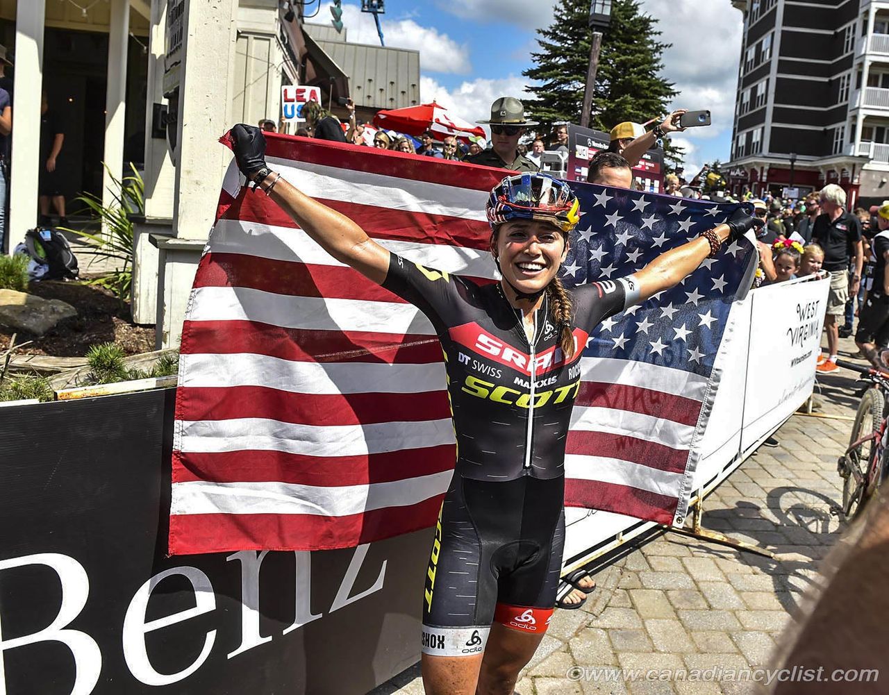 Kate Courtney (USA) Scott-SRAM MTB Racing flying the flag