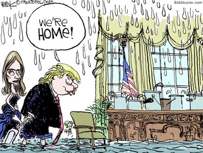 Political cartoon U.S. Trump abroad media leaks